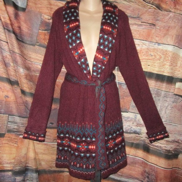 Wrangler S NWT Western Burhundy Southwest Belted Cardigan Sweater Jacket - Picture 2 of 8